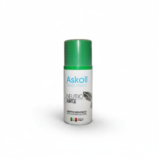 A bottle of Askoll Neutro Turtle treatment with a green cap and a white label, shown against a plain white background.