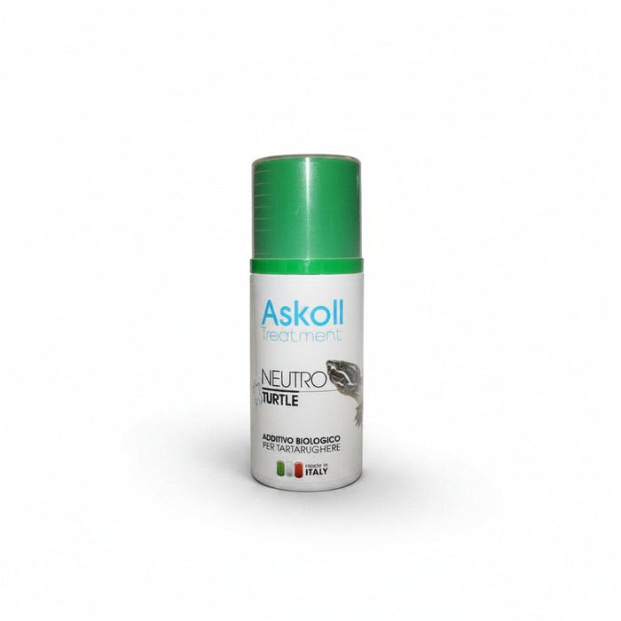 A bottle of Askoll Neutro Turtle treatment with a green cap and a white label, shown against a plain white background.