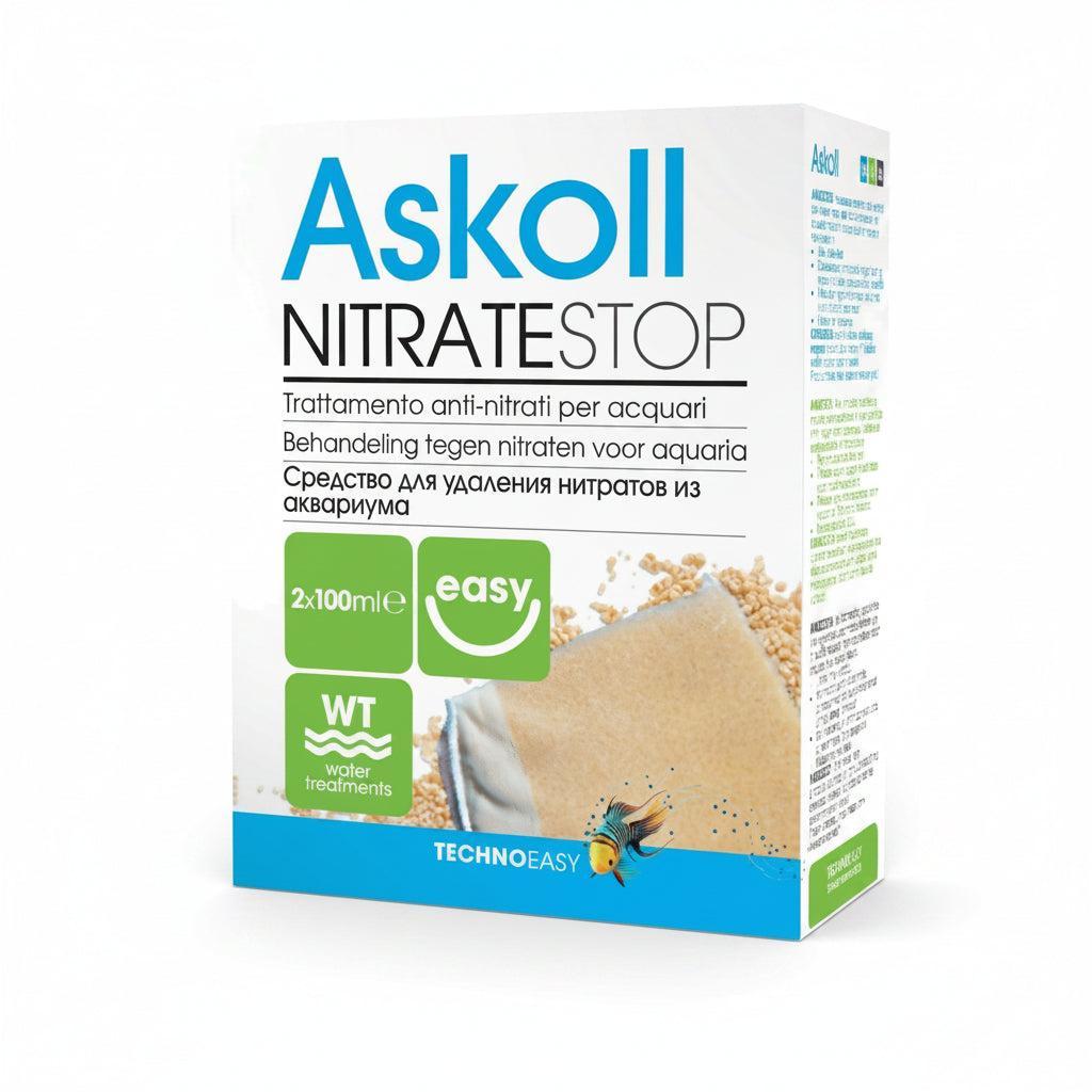 A box of Askoll NitrateStop water treatment for aquariums, manufactured by TechnoEasy. The packaging is white with blue and green accents, featuring product details and a graphic of a beige filter sponge.