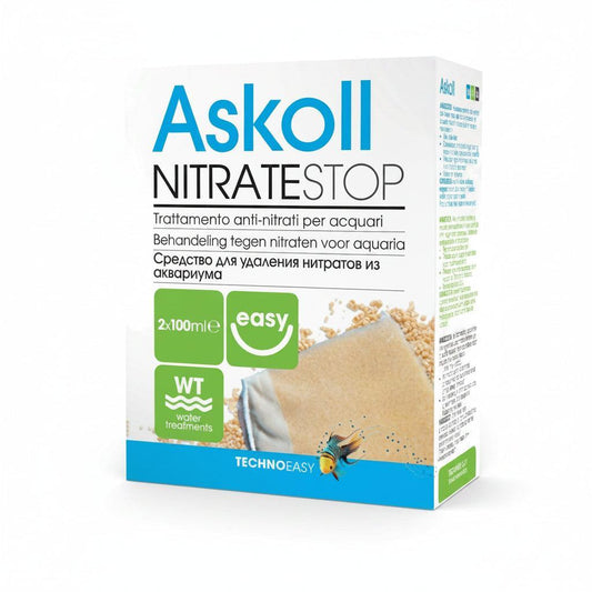 A box of Askoll NitrateStop water treatment for aquariums, manufactured by TechnoEasy. The packaging is white with blue and green accents, featuring product details and a graphic of a beige filter sponge.