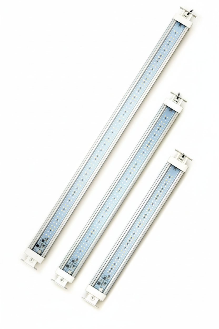 Three linear aquarium Askoll LED light bars in silver and white, arranged diagonally on a plain white background.