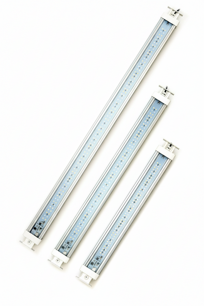 Three linear aquarium Askoll LED light bars in silver and white, arranged diagonally on a plain white background.