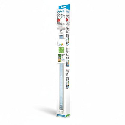A tall, narrow retail package for an Askoll Aqua Light aquarium LED light, shown on a plain white background. The box includes product branding, feature icons, and a window revealing the light inside.