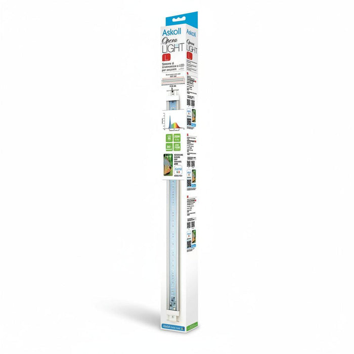 A tall, narrow retail package for an Askoll Aqua Light aquarium LED light, shown on a plain white background. The box includes product branding, feature icons, and a window revealing the light inside.