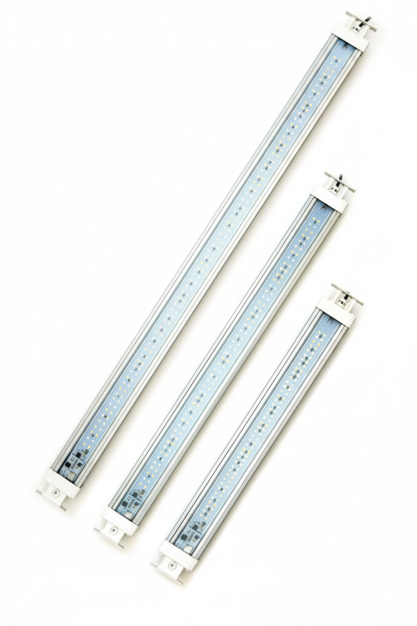 Three linear Askoll aquarium LED light bars in silver and white, arranged diagonally on a plain white background.
