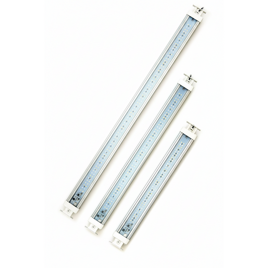 Three linear Askoll aquarium LED light bars in silver and white, arranged diagonally on a plain white background.