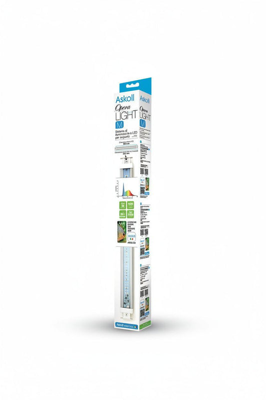 Askoll Opere Light 500 LED window light in its original retail packaging, shown against a plain white background.