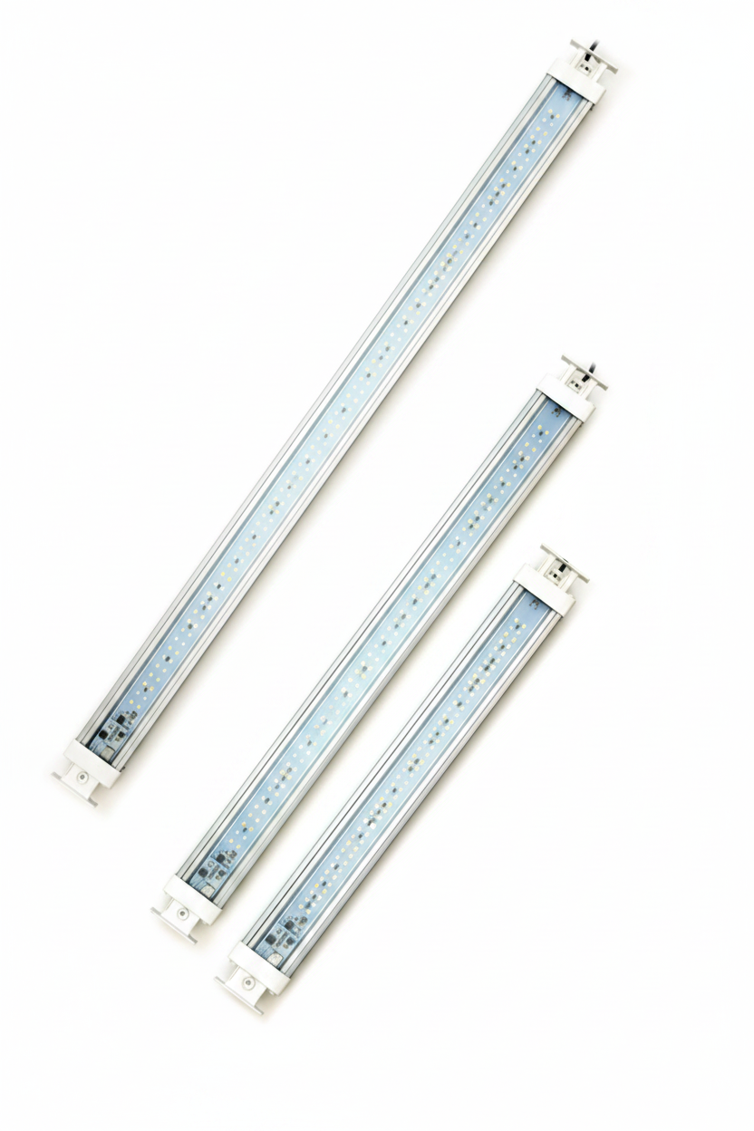 Three linear Askoll aquarium LED light bars in silver and white, arranged diagonally on a plain white background.