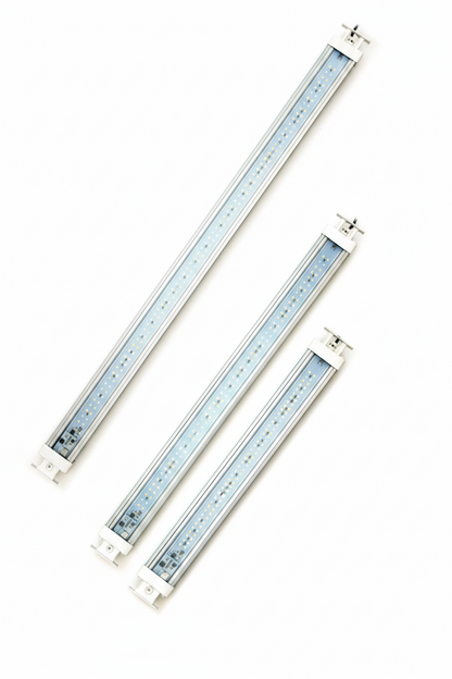 Three linear Askoll aquarium LED light bars in silver and white, arranged diagonally on a plain white background.