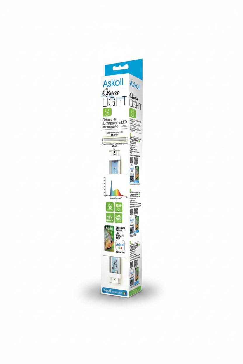 A tall, narrow retail box for an Askoll Open Light LED light sensor, shown on a plain white background. The packaging is primarily white with blue accents and green icons, featuring product diagrams and specifications.
