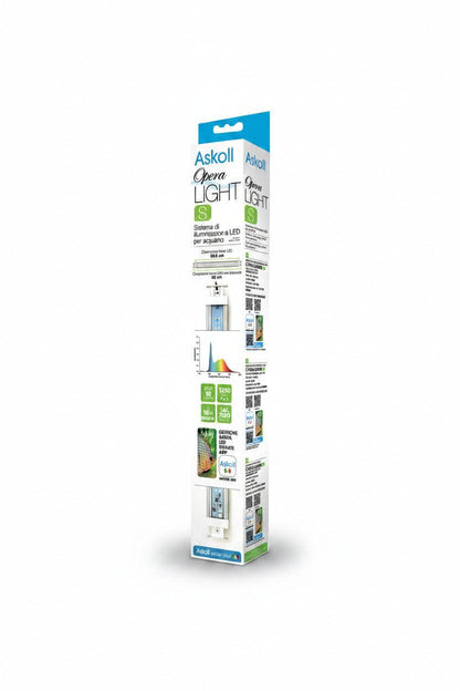 A tall, narrow retail box for an Askoll Open Light LED light sensor, shown on a plain white background. The packaging is primarily white with blue accents and green icons, featuring product diagrams and specifications.