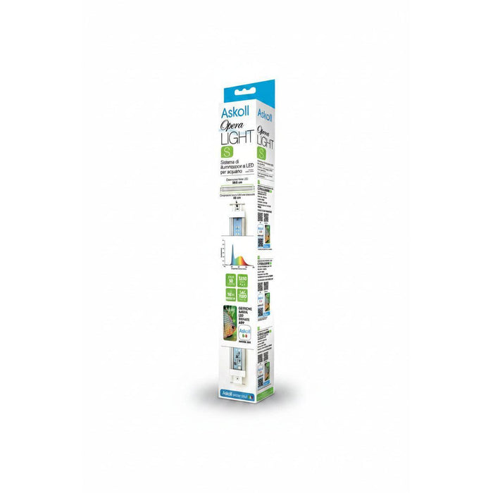 A tall, narrow retail box for an Askoll Open Light LED light sensor, shown on a plain white background. The packaging is primarily white with blue accents and green icons, featuring product diagrams and specifications.