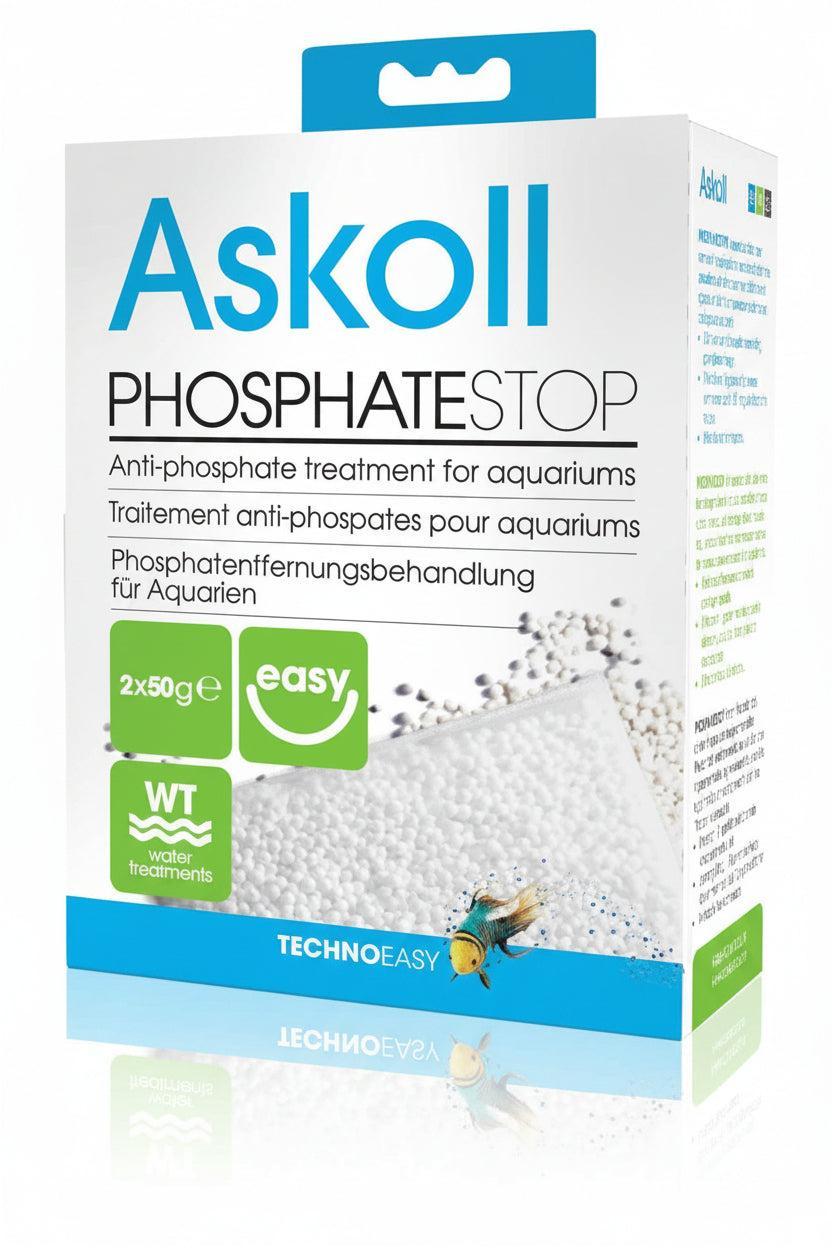 Askoll PhosphateStop aquarium treatment packaging box by TechnoEasy, featuring a white box with blue, green, and black text and a photo of white phosphate crystals on the front.