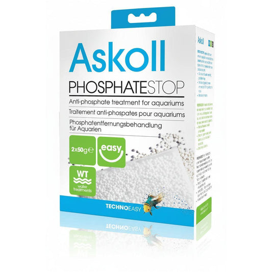 Askoll PhosphateStop aquarium treatment packaging box by TechnoEasy, featuring a white box with blue, green, and black text and a photo of white phosphate crystals on the front.