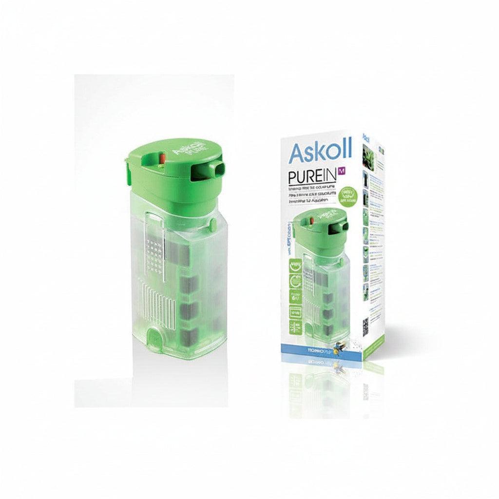 A green and clear plastic water filter canister shown next to its white retail packaging box with the brand name Askoll.
