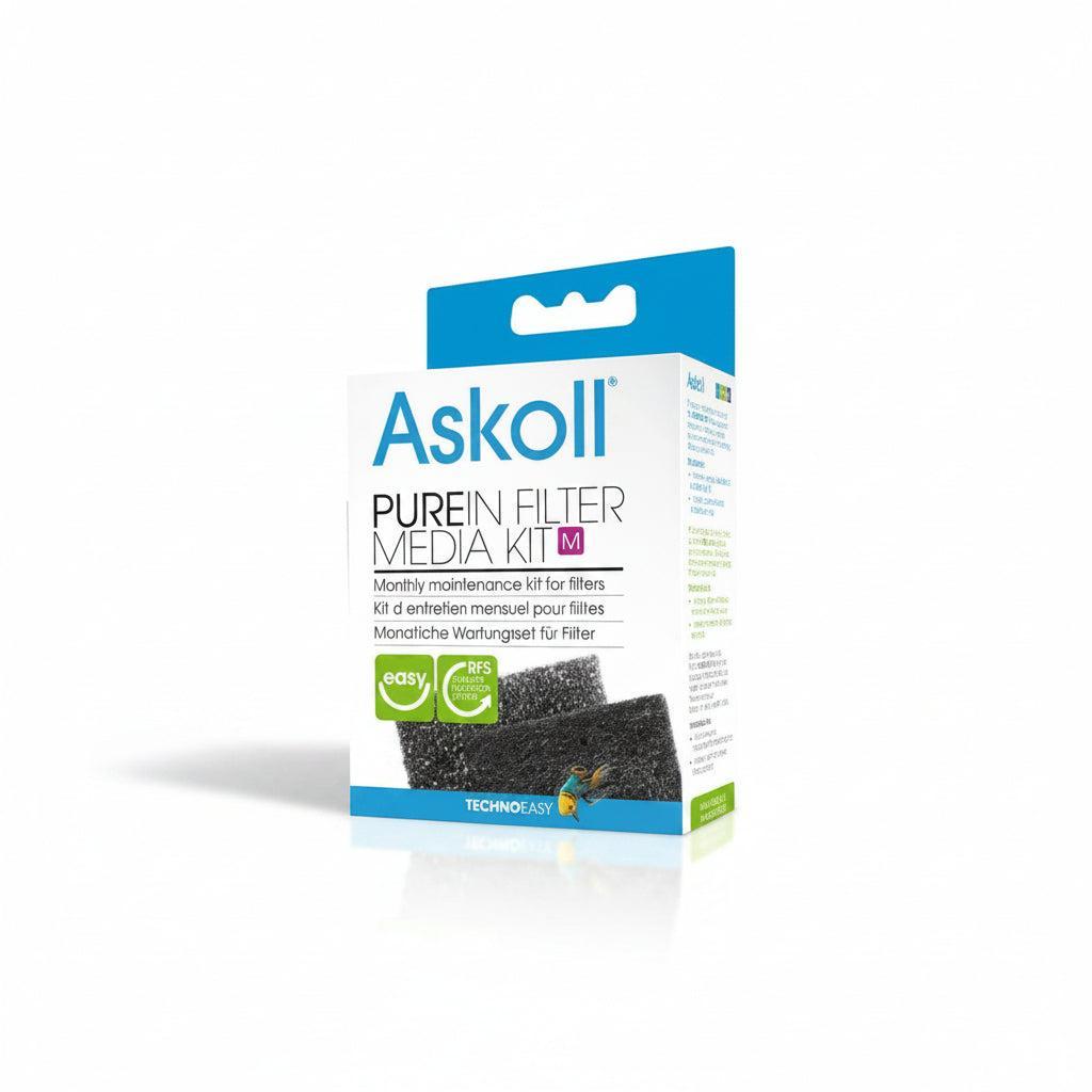 Askoll Purein Filter Media Kit 10 replacement filter media kit in its retail packaging, featuring a white and blue box with a photo of the dark filter media on the front.