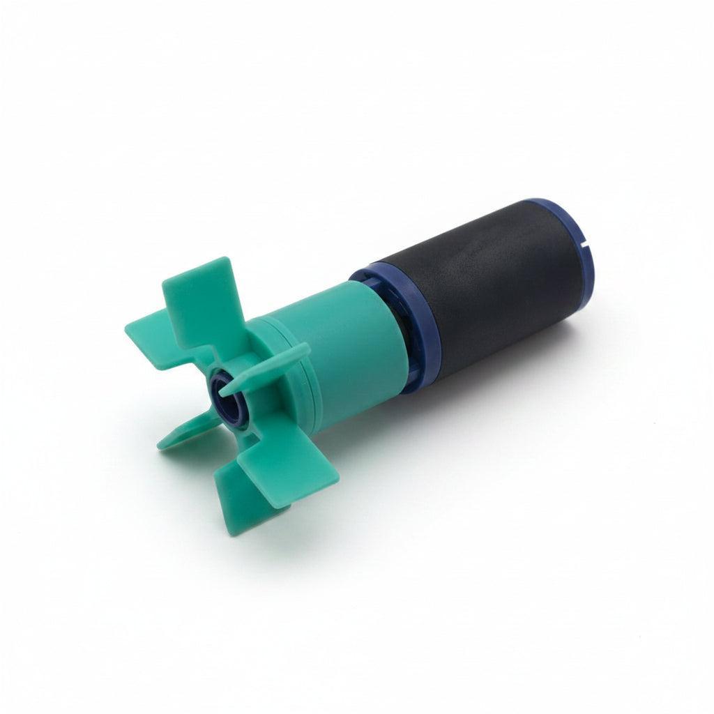 A small underwater propeller or pump assembly with a teal green impeller and a black cylindrical body, shown on a plain white background.