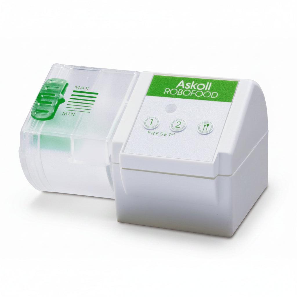 Askoll Robofood robotic food dispenser in white and green, featuring a clear plastic hopper with green level markings and three control buttons on the front panel.