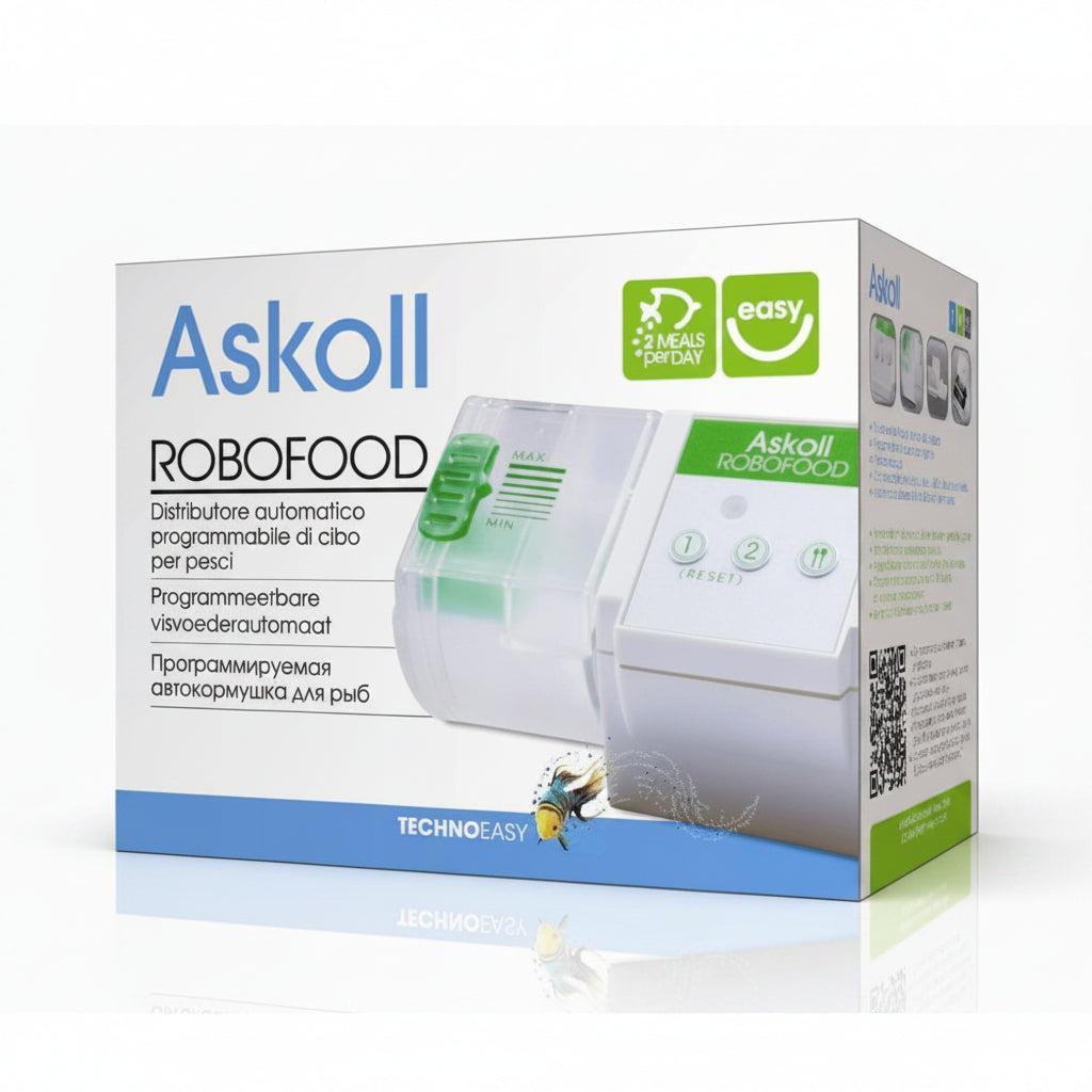 Askolli Robofood automatic fish feeder packaging box, featuring a white and green design with an illustration of the device and a QR code.