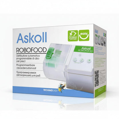 Askolli Robofood automatic fish feeder packaging box, featuring a white and green design with an illustration of the device and a QR code.