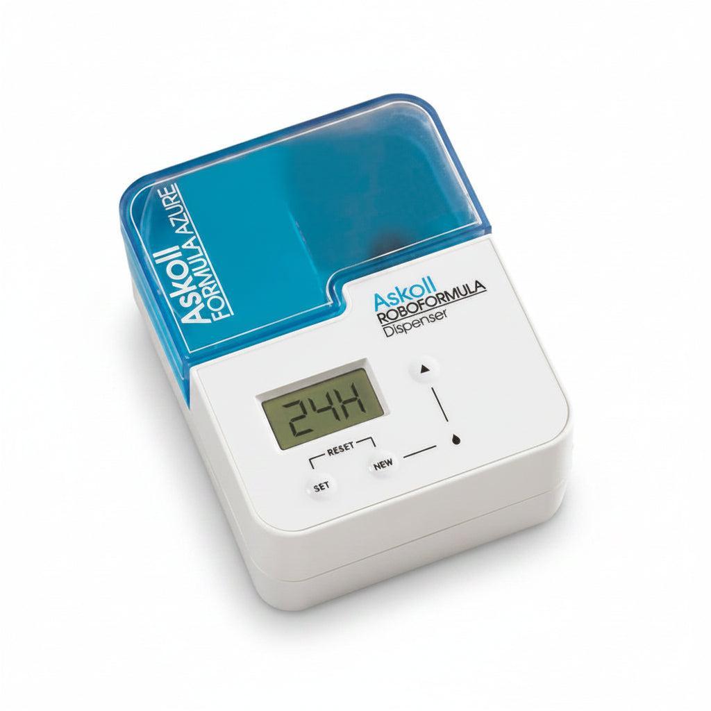 Aqoll RoboFormula dispenser with a white body, blue translucent lid, and digital display showing 24:4.
