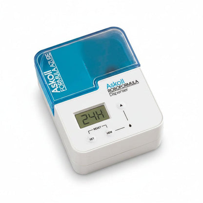 Aqoll RoboFormula dispenser with a white body, blue translucent lid, and digital display showing 24:4.