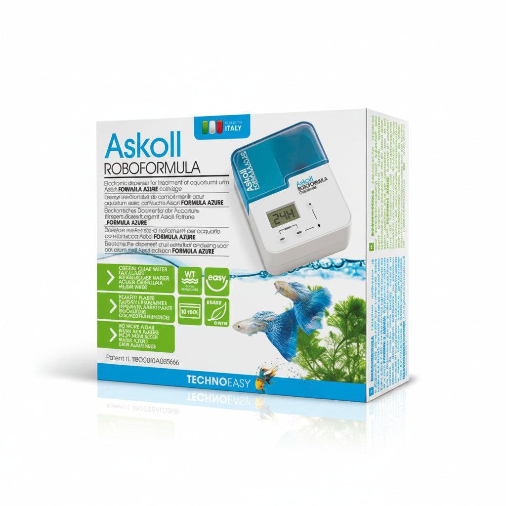 Product packaging box for the Askoll Roboformula electronic water conditioner for aquariums, featuring a white and blue design with an illustration of a blue tang fish and green informational panels.