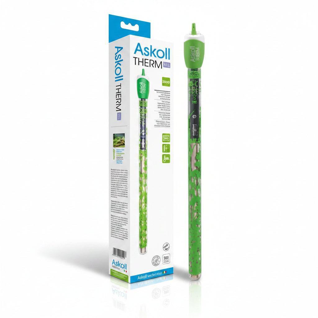 Askoll Therm aquarium heater, shown next to its white and blue retail packaging box.
