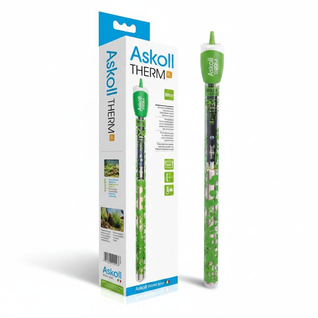 Askoll aquarium heater with a green camouflage pattern, shown both inside its retail packaging and standing upright next to it on a white background.