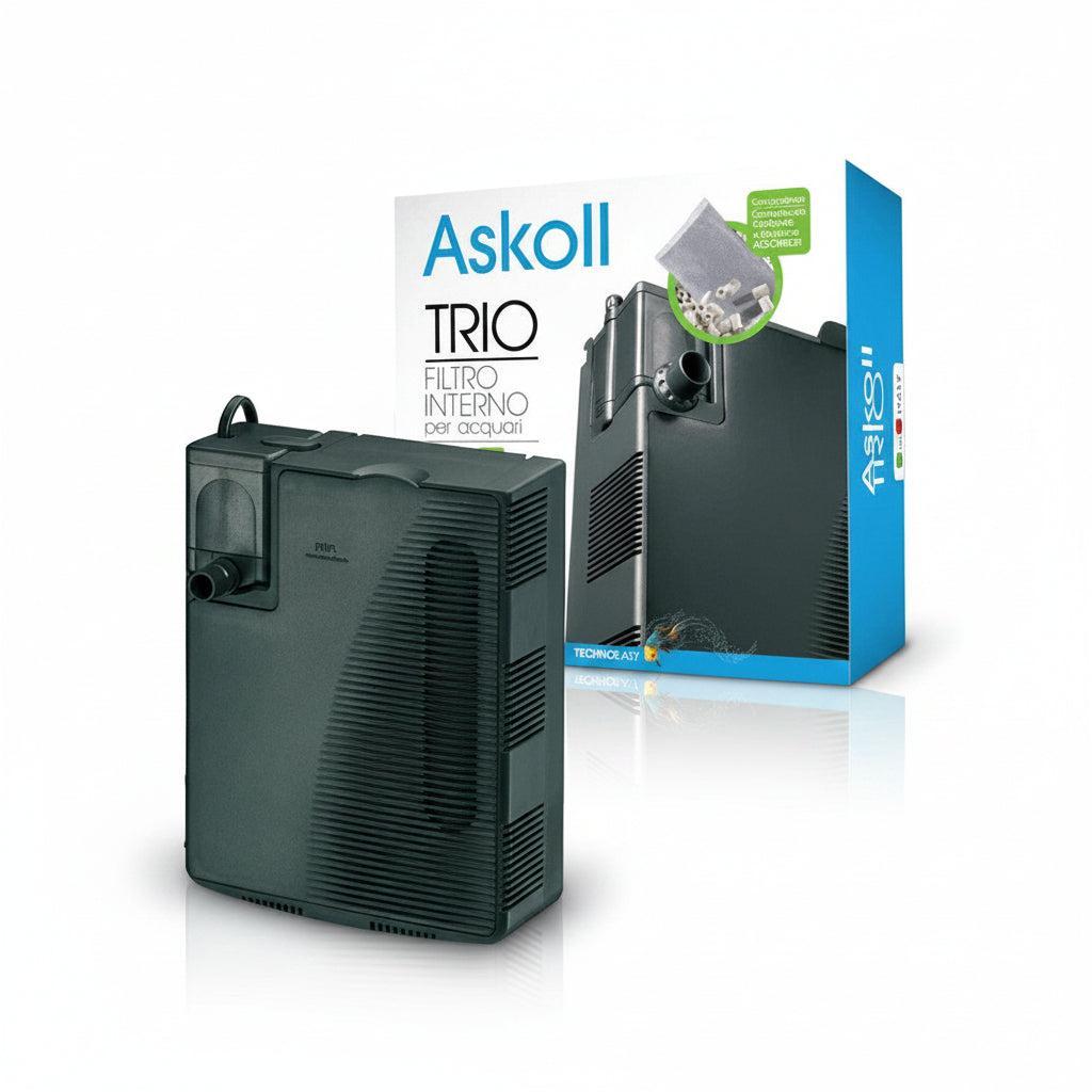 An Askoll Trio internal aquarium filter shown next to its retail packaging box on a plain white background.