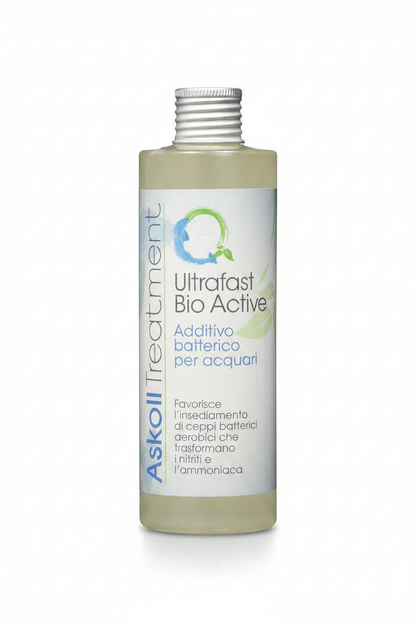 A bottle of Askoll Treatment Ultrafast Bio Active water additive, featuring a white label with blue and green text and graphics, on a white background.