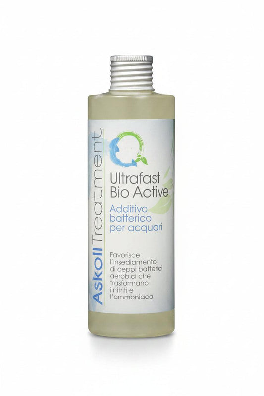 A bottle of Askoll Treatment Ultrafast Bio Active water additive, featuring a white label with blue and green text and graphics, on a white background.
