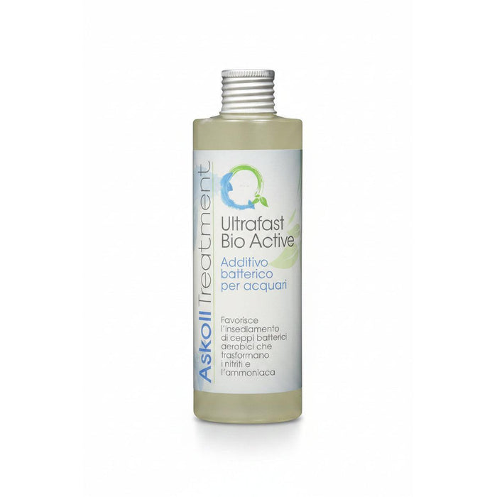 A bottle of Askoll Treatment Ultrafast Bio Active water additive, featuring a white label with blue and green text and graphics, on a white background.