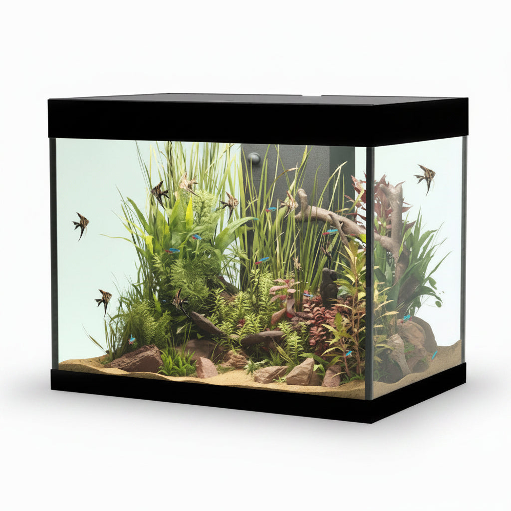 A rectangular glass aquarium with a black frame and lid, filled with green aquatic plants, sand substrate, driftwood, and several small fish, shown on a plain white background.