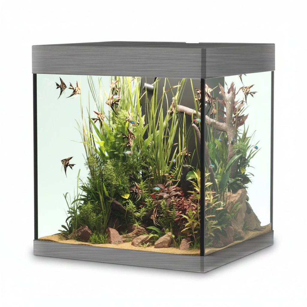 Fish tank with plants and fish on a white background