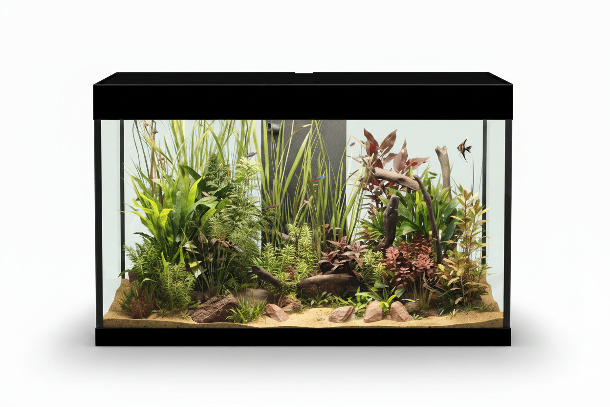 Askoll Opera Fish tank with plants and fish on a white background