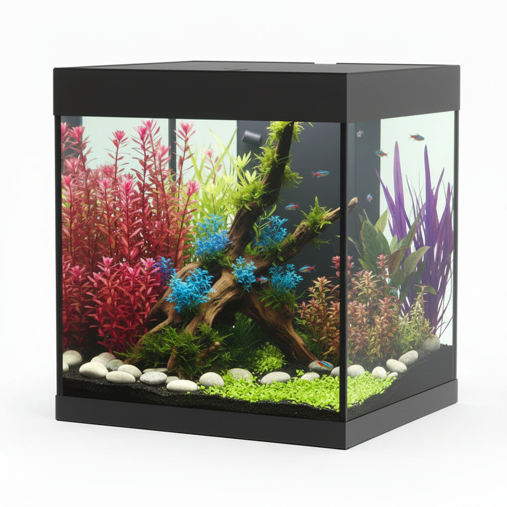 Fish tank with plants and fish on a white background