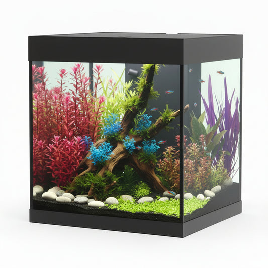 Fish tank with plants and fish on a white background