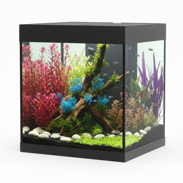 Fish tank with plants and fish on a white background