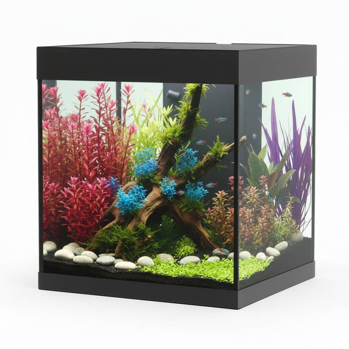 Fish tank with plants and fish on a white background