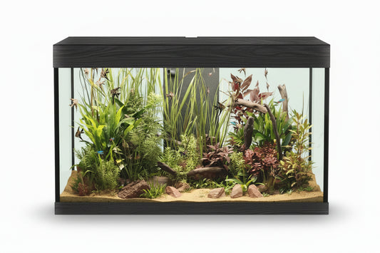 Askoll Opera Steel Aquarium with plants and fish on a white background