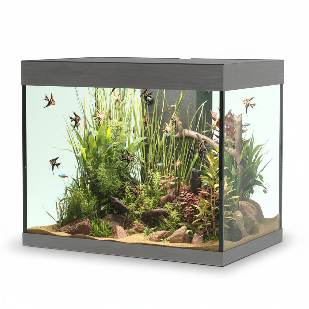 Fish tank with aquatic plants and fish on a white background