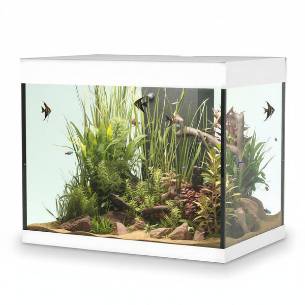 A large rectangular aquarium with a white frame and glass front, filled with green aquatic plants, driftwood, rocks, and several small fish, shown against a plain white background.