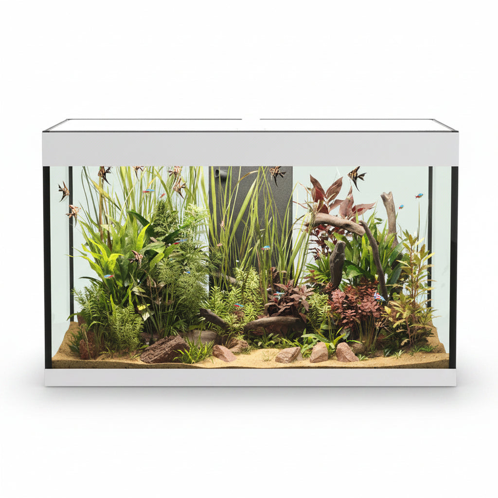 A rectangular Askoll Opera 110 glass aquarium with a white frame, filled with green and reddish plants, driftwood, rocks, and sand, shown against a plain white background.