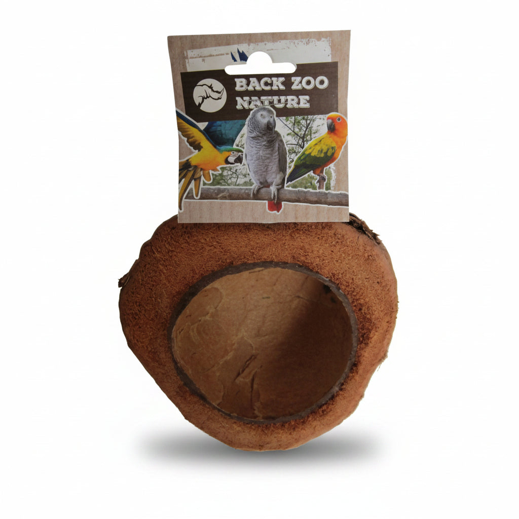 A brown coconut shell bird toy with a hollow center, attached to a cardboard backing card labeled 'BACK ZOO NATURE' with pictures of birds, on a white background.