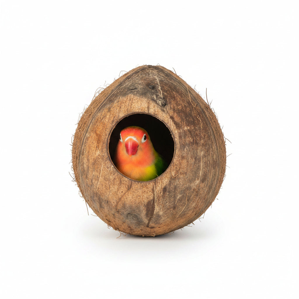 Bird peeking out from a wooden nest box against a white background