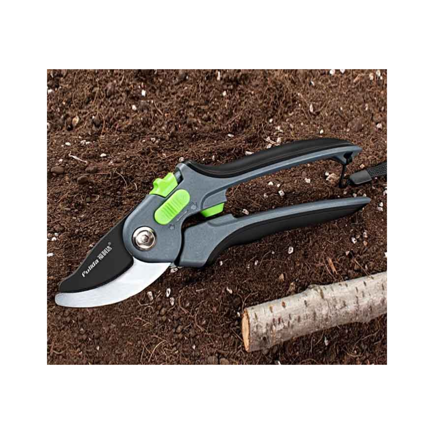Bando heavy-duty pruning shears with grey ergonomic handles, lime green locking mechanism, and sharp steel blades.
