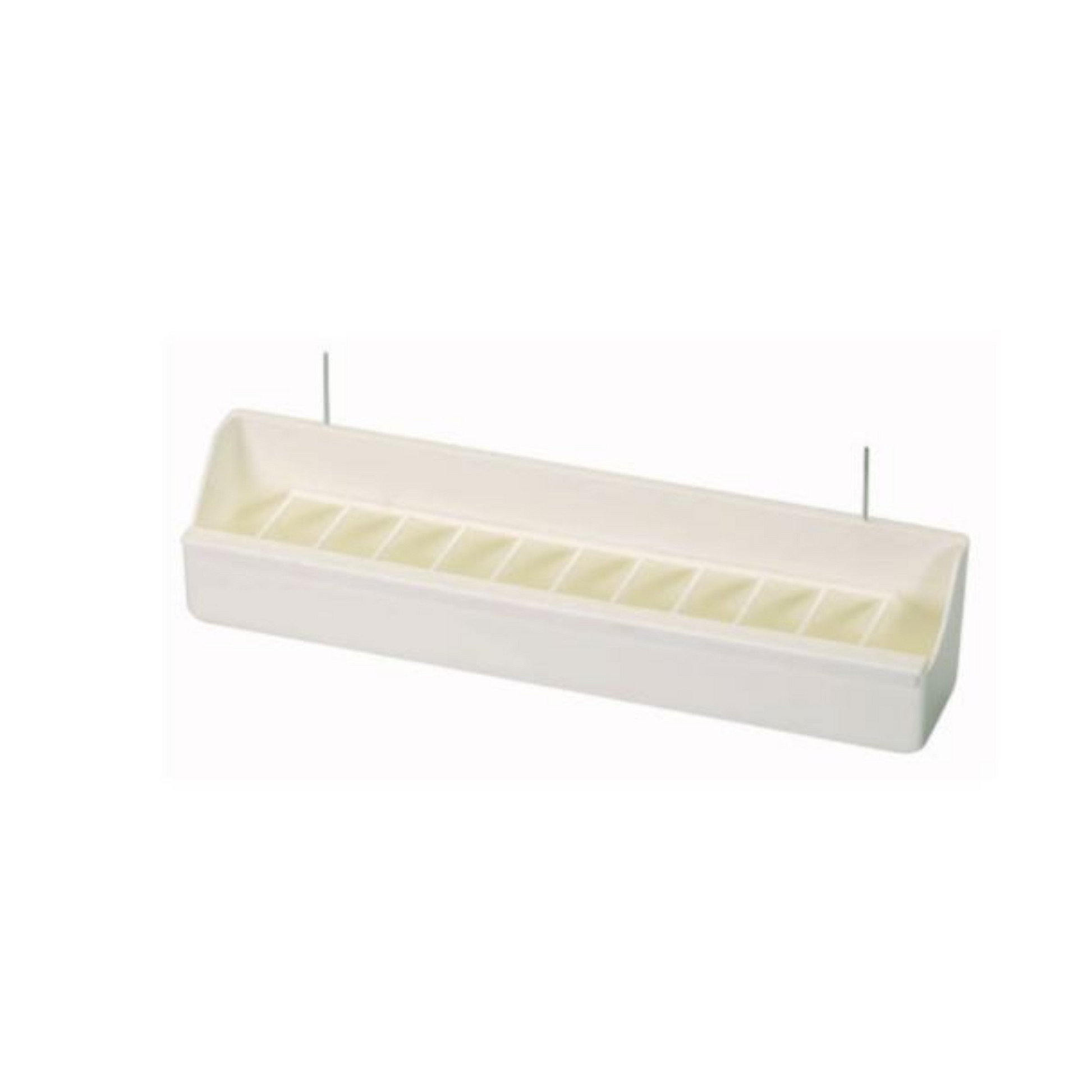 30cm white plastic bird aviary feeder box with internal dividers and two metal hanging hooks.