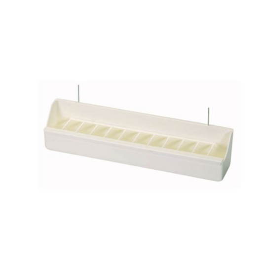 30cm white plastic bird aviary feeder box with internal dividers and two metal hanging hooks.