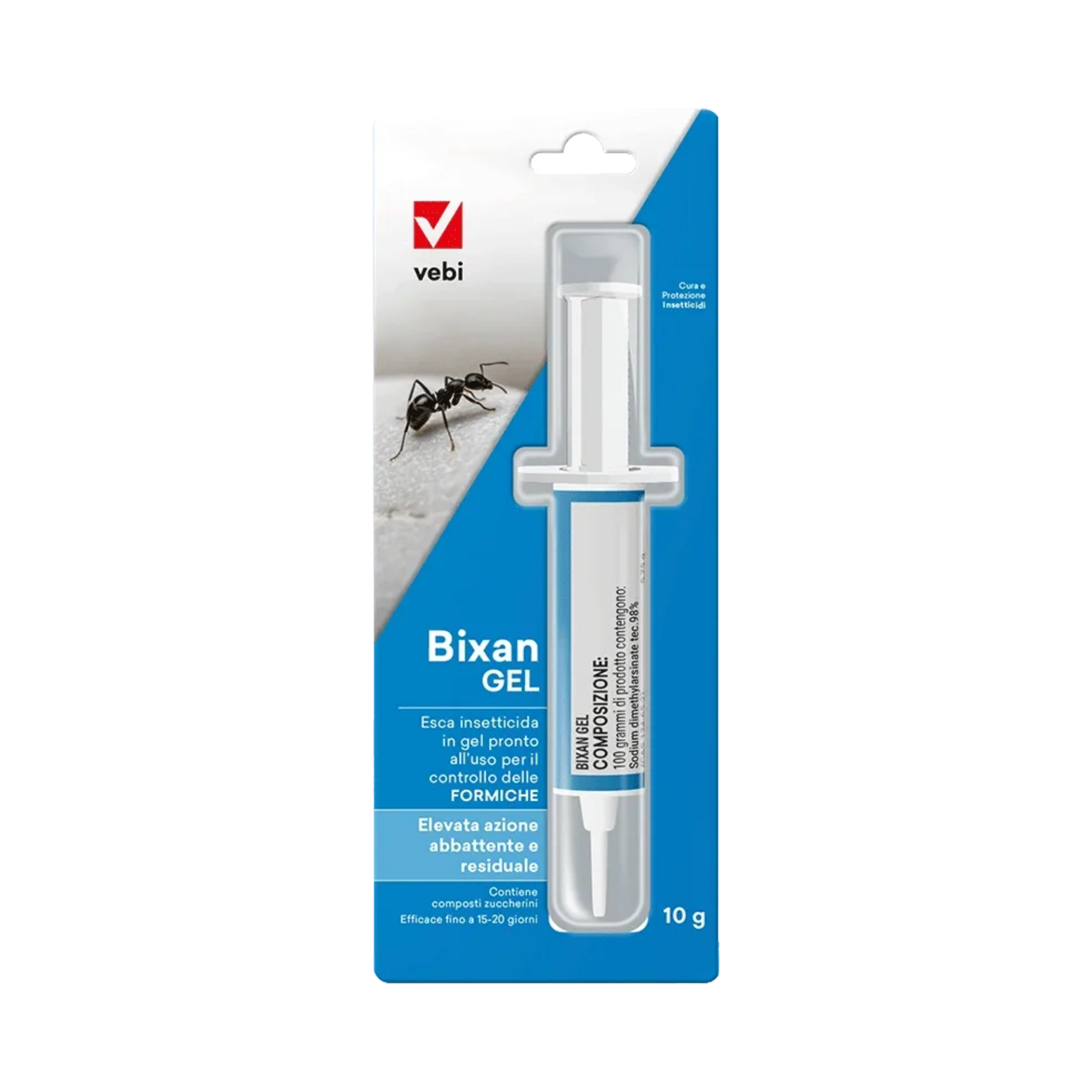 Vebi Bixan Gel ant sting treatment in a 10g syringe, packaged on a blue and white card with an ant illustration.
